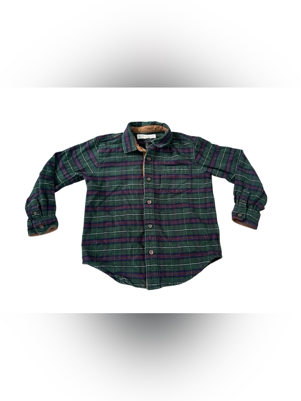 Boys Green Plaid Button-Down Shirt with Contrast Collar